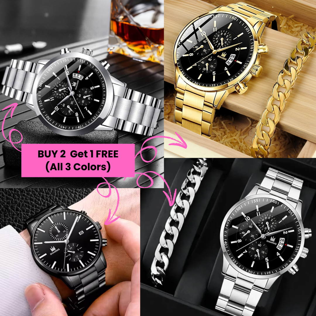 Timeless Stainless Steel Watch & Bracelet Set (Buy 2 Get 1 Free)