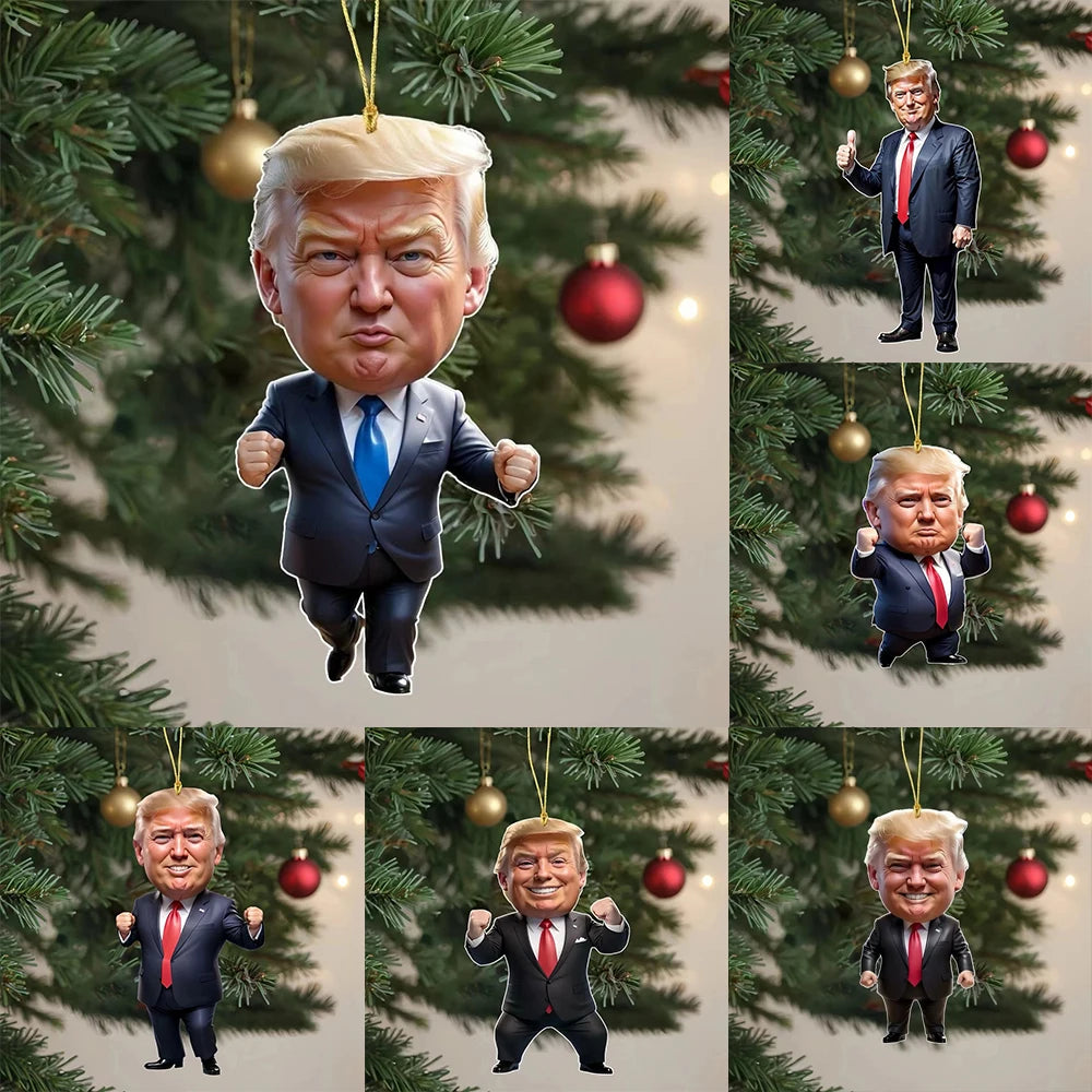 Cartoon Trump Pendant Christmas Tree Pendant Acrylic Funny Donald Trump Pendant Keychain for Car Doll Hanging Xmas Tree Pendants