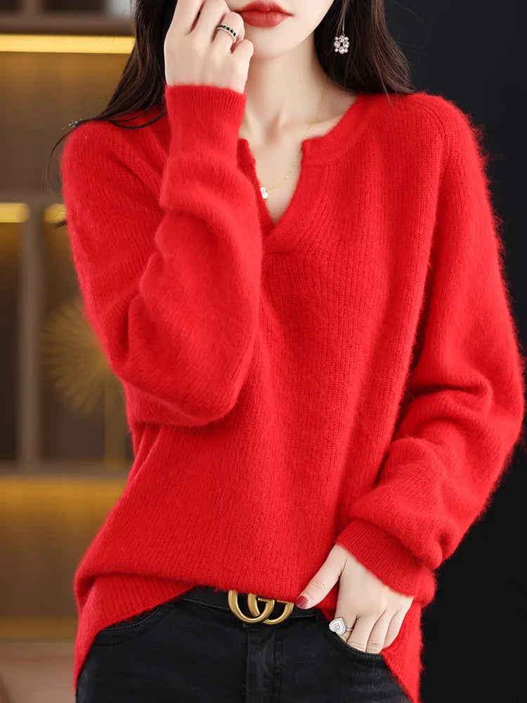 Elegant V-Neck Mink Cashmere Sweater