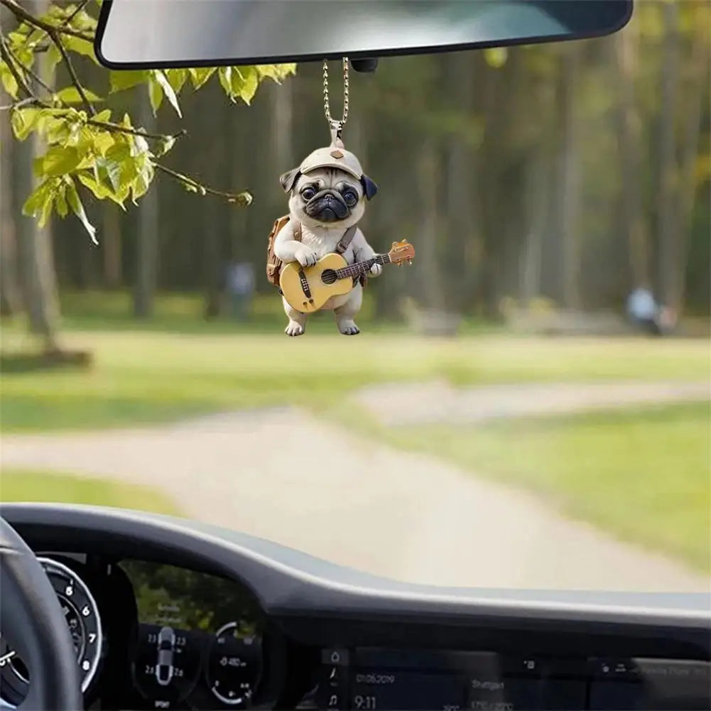 Cartoon Pet Pendant Acrylic Pug Puppy Hanging Ornament for Christmas Tree Car Rearview Mirror Cute Guitar Dog Cartoon for Home