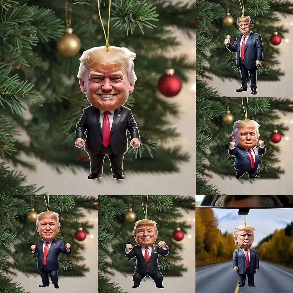 Cartoon Trump Pendant Christmas Tree Pendant Acrylic Funny Donald Trump Pendant Keychain for Car Doll Hanging Xmas Tree Pendants