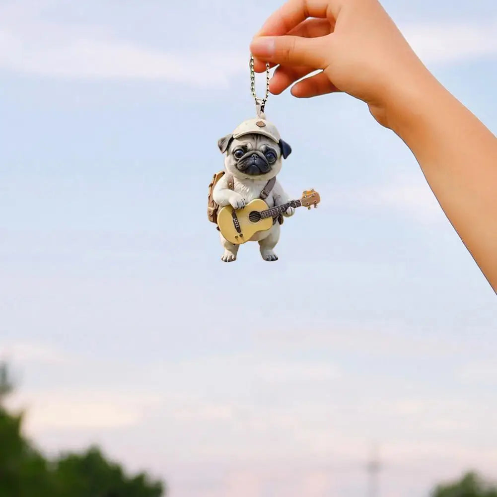 Cartoon Pet Pendant Acrylic Pug Puppy Hanging Ornament for Christmas Tree Car Rearview Mirror Cute Guitar Dog Cartoon for Home