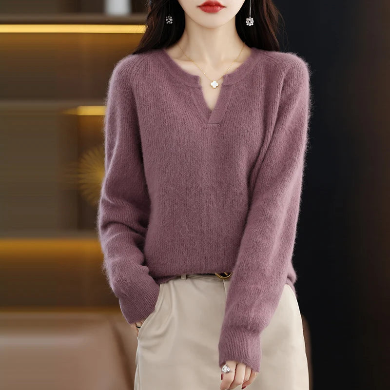 Elegant V-Neck Mink Cashmere Sweater