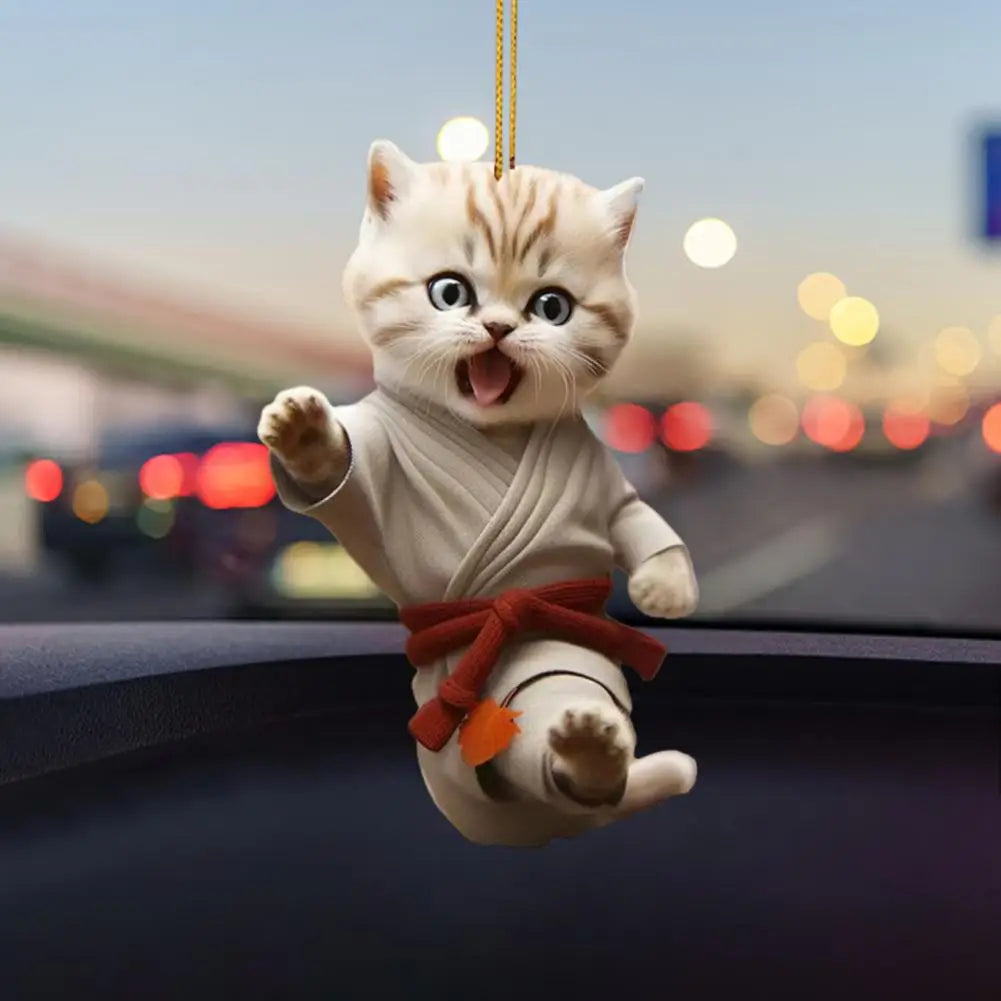 Acrylic Car Pendant With Lanyard Easy To Hang Kung Fu Cat Auto Rearview Mirror Ornament Animal Pendant Car Interior Accessories