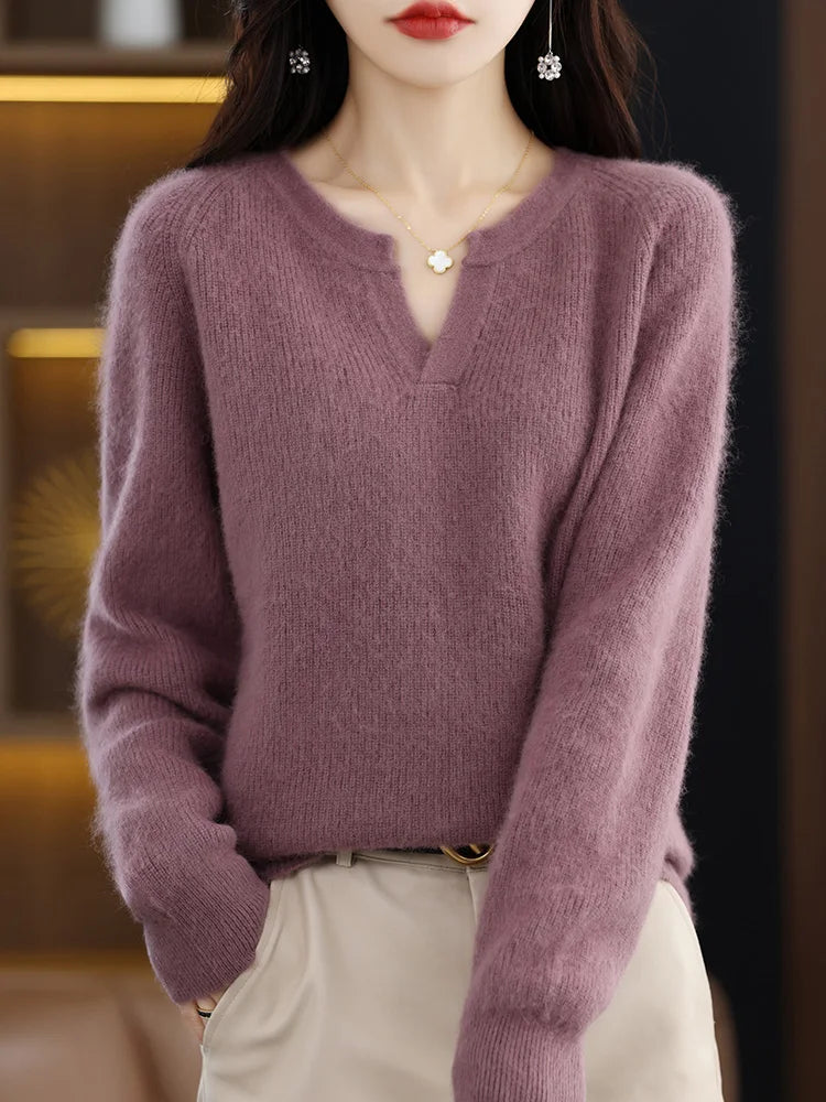 Elegant V-Neck Mink Cashmere Sweater