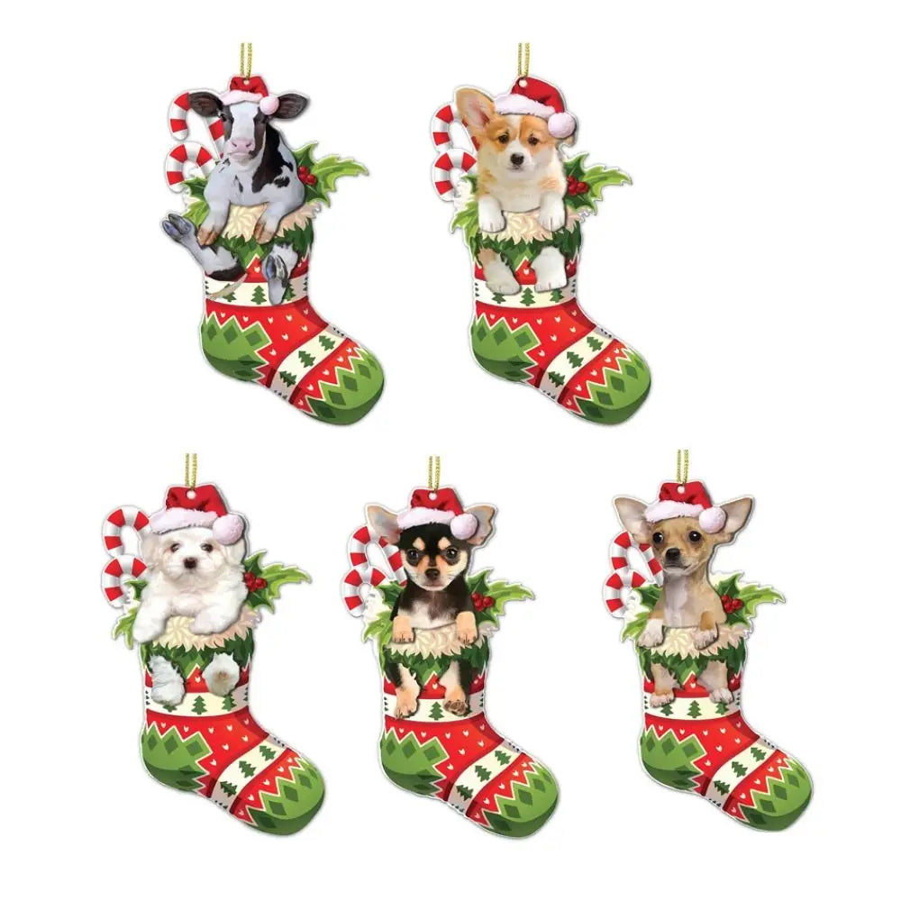 2D Christmas Dog Hanging Ornaments Cartoon Decorative Xmas Tree Dog Charms Dog/Cat Shape Acrylic Puppy Acrylic Pendant