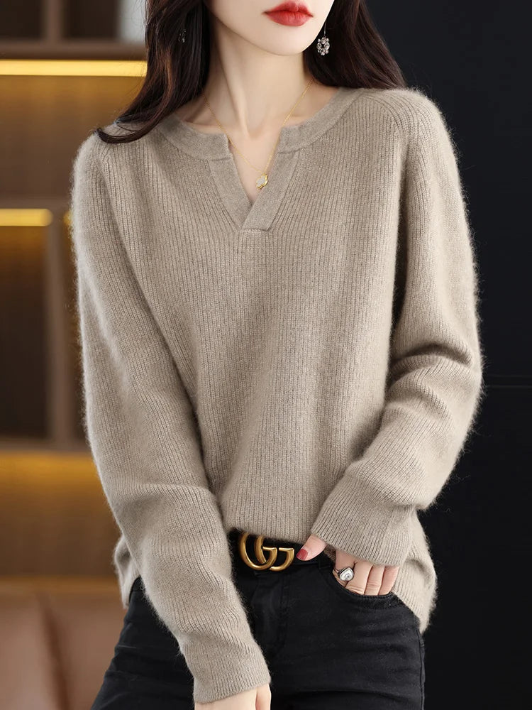 Elegant V-Neck Mink Cashmere Sweater