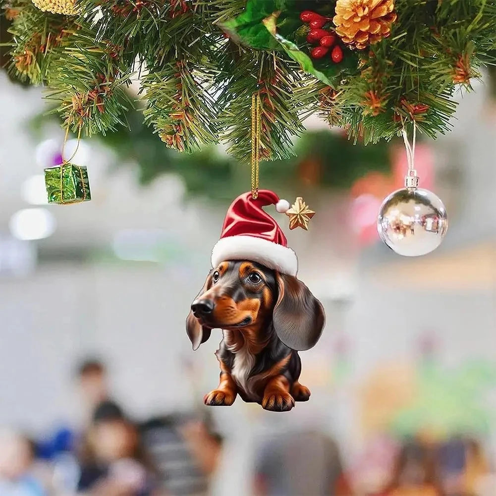 New Christmas 2D Fun Dachshund Dog Pendant Car Rearview Mirror Pendant Car Interior Accessories Christmas Tree Decor for Party