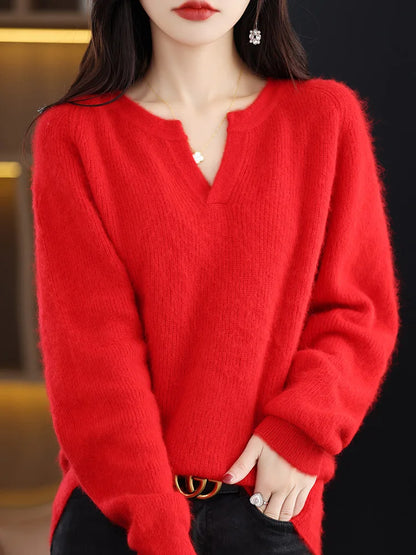 Elegant V-Neck Mink Cashmere Sweater