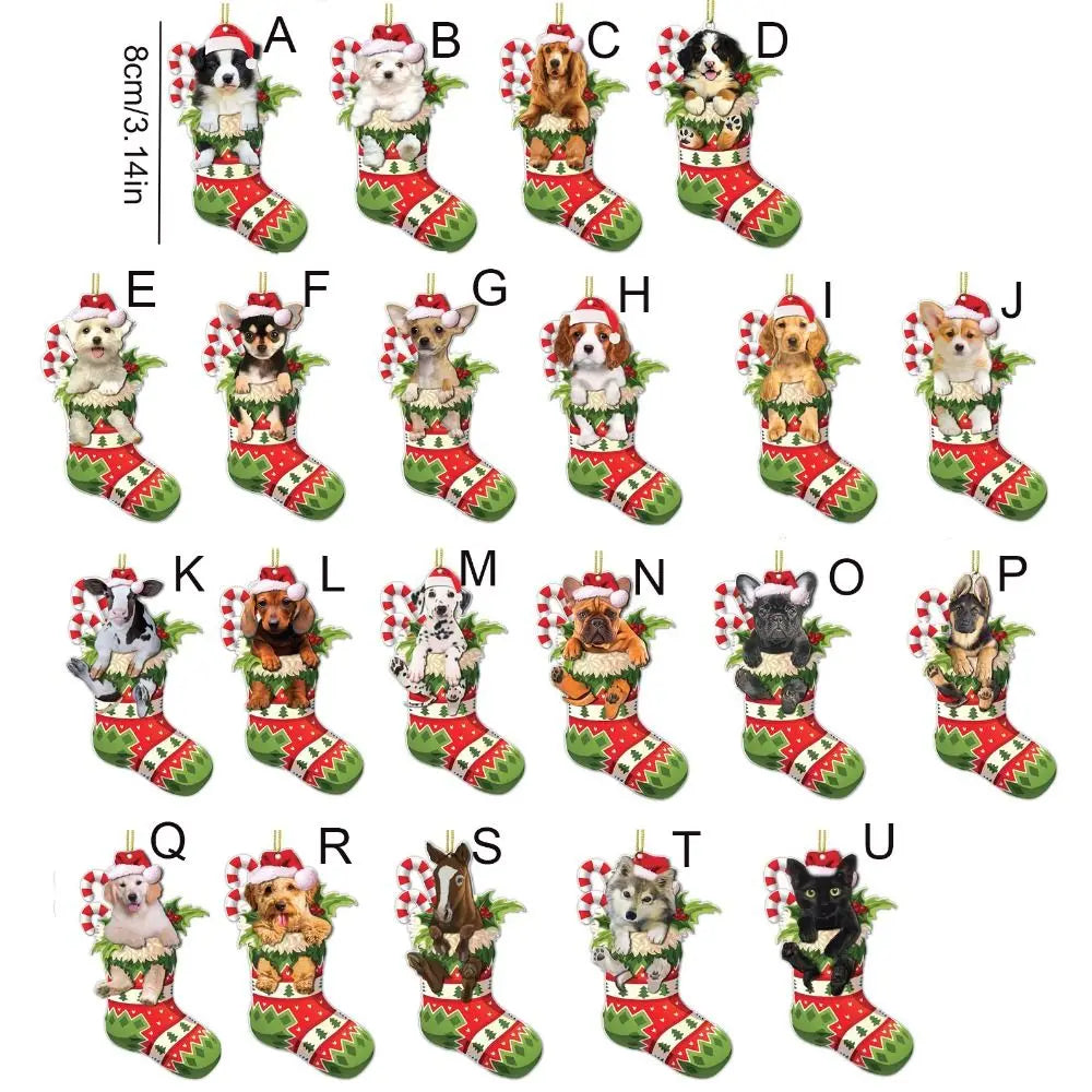 2D Christmas Dog Hanging Ornaments Cartoon Decorative Xmas Tree Dog Charms Dog/Cat Shape Acrylic Puppy Acrylic Pendant