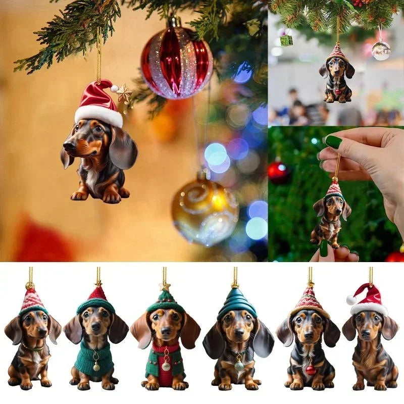 New Christmas 2D Fun Dachshund Dog Pendant Car Rearview Mirror Pendant Car Interior Accessories Christmas Tree Decor for Party