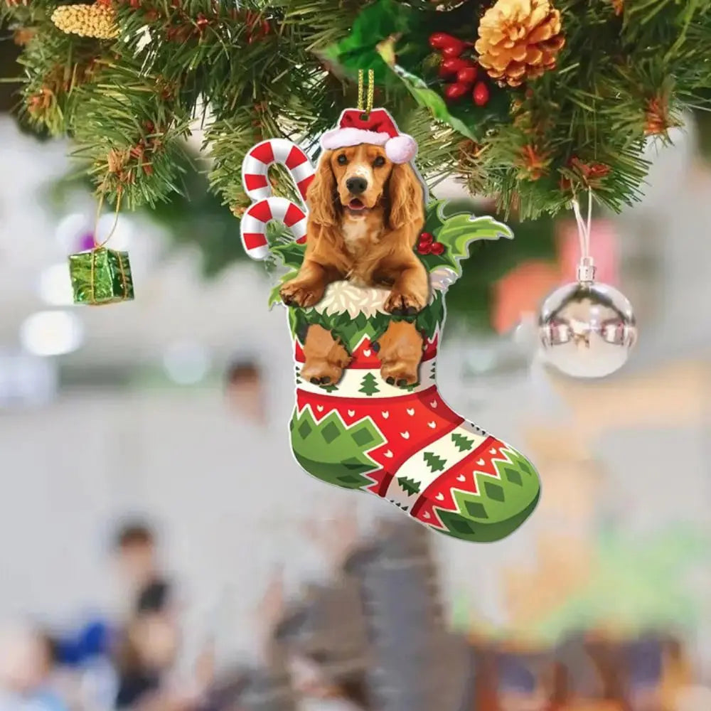 2D Christmas Dog Hanging Ornaments Cartoon Decorative Xmas Tree Dog Charms Dog/Cat Shape Acrylic Puppy Acrylic Pendant