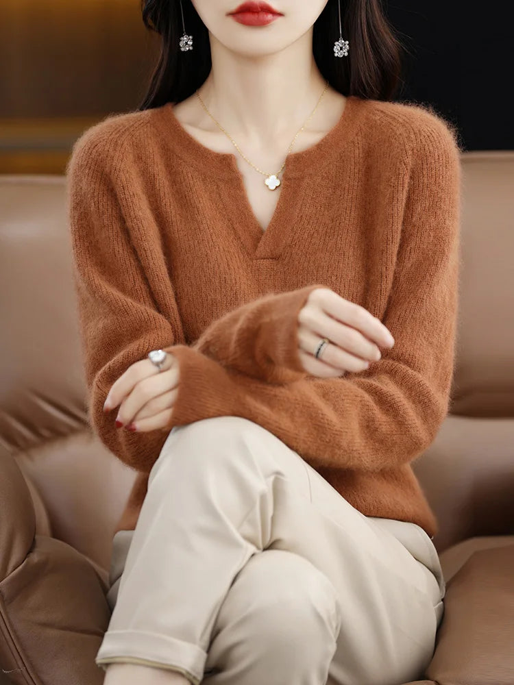 Elegant V-Neck Mink Cashmere Sweater