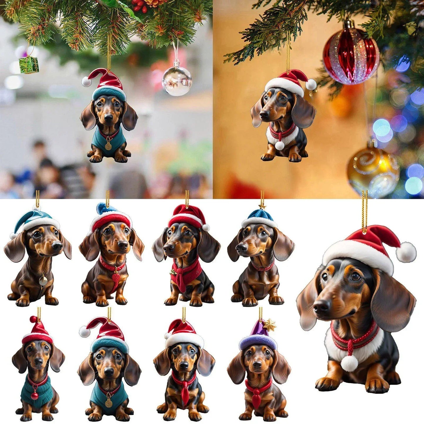 New Christmas 2D Fun Dachshund Dog Pendant Car Rearview Mirror Pendant Car Interior Accessories Christmas Tree Decor for Party