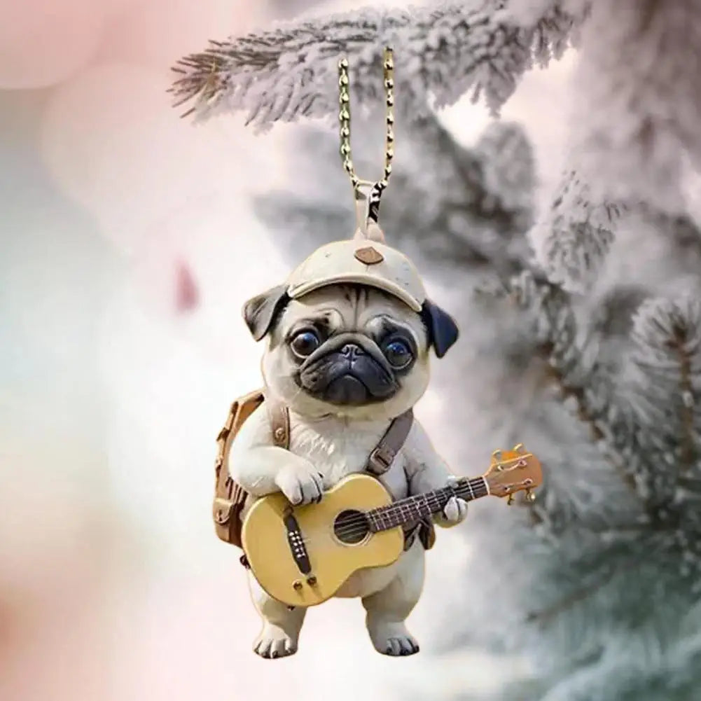 Cartoon Pet Pendant Acrylic Pug Puppy Hanging Ornament for Christmas Tree Car Rearview Mirror Cute Guitar Dog Cartoon for Home