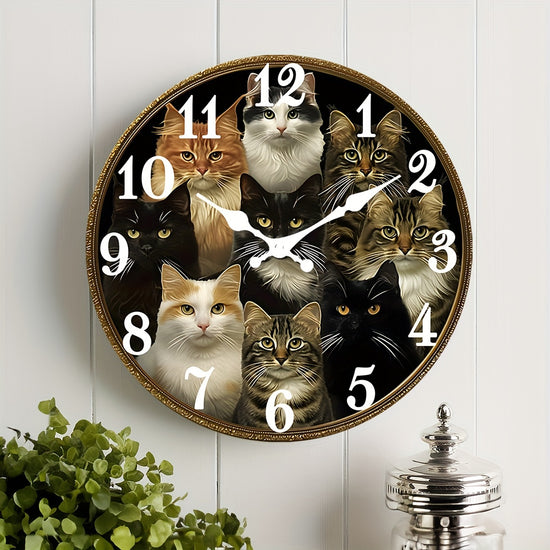 Charming CatThemed Rustic Wooden Wall Clock Battery Operated